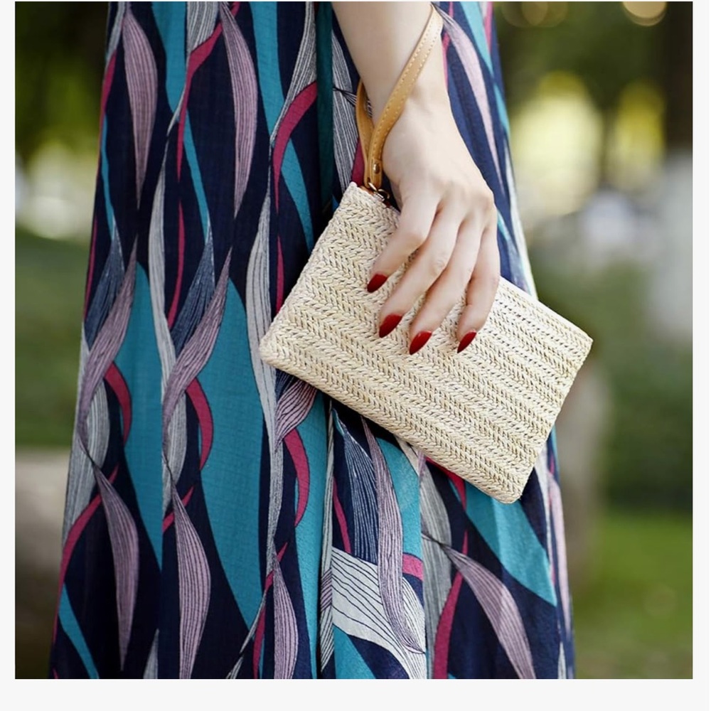 Womens Straw Clutch Bag Bohemian Summer Beach Straw Purse - Picture 6 of 6